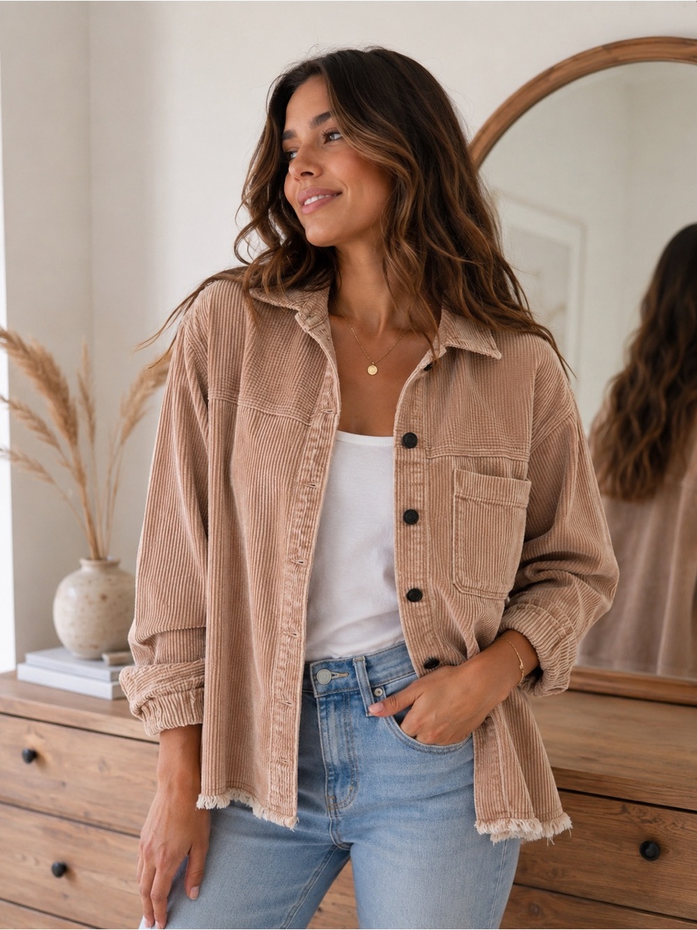 Lu Miel Beige Corduroy Shacket Jacket Raw Hem Oversized Button Front Size S